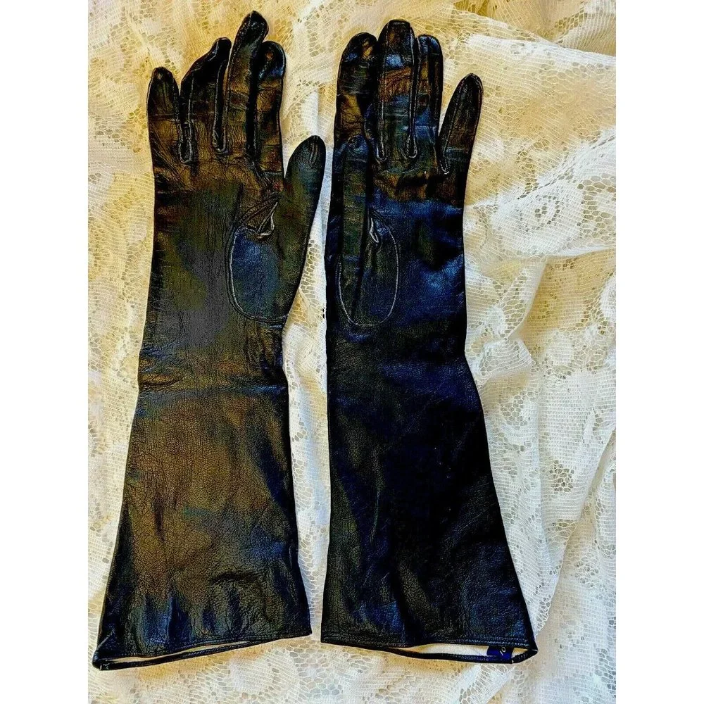 Vintage Black Leather Gloves Shalimar Vanity NY1950s France Ladies Size 6.5